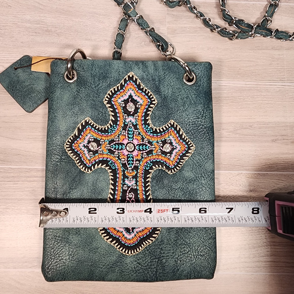 P&G Rhinestone Western Turquoise Cross Metal Studded Crossbody Messenger Bag NWT - Picture 8 of 11